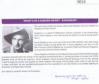 Article - Article, Newsletter, What's in a suburb name? Kingsbury, 09/2021