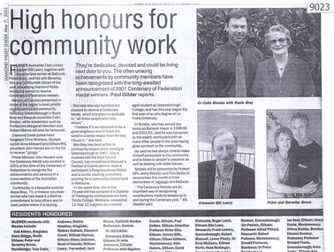 Article - Newspaper Clipping, Diamond Valley Leader, High honours for community work, 07/05/2003