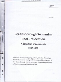 Document - Document Collection, Greensborough Swimming Pool relocation: a collection of documents 1987-1988, 1988-2000