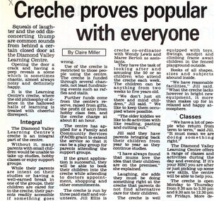 Newspaper - Newspaper Clipping, Diamond Valley Leader, Creche proves popular with everyone, 02/10/1984