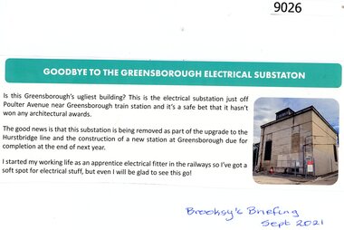 Article - Article, Newsletter, Colin Brooks, Goodbye to the Greensborough Electrical Substation, September 2021