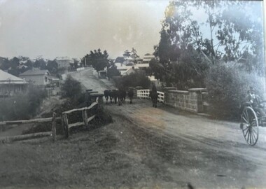 Photograph - Photograph (Framed), Herding stock over blue stone bridge looking up Main Street Greensborough