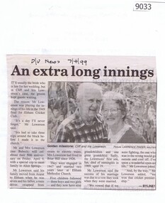 Newspaper - Newspaper Clipping, Diamond Valley News, An extra long innings, 07/04/1999