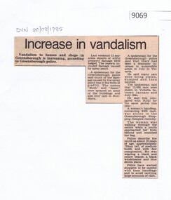 Article - Newspaper Clipping, Diamond Valley News, Increase in vandalism 1985, 20/02/1985