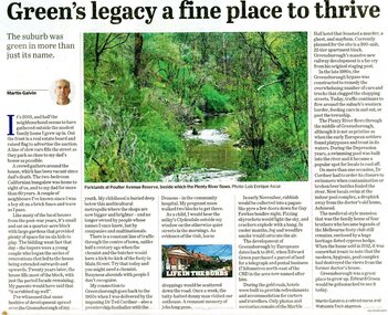 Newspaper - Newspaper Clipping, Martin Galvin, Green's legacy a fine place to live: the suburb was green in more than just its name by Martin Galvin, 30/04/2024