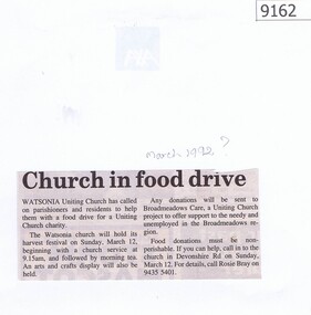 Article - Newspaper Clipping, Diamond Valley News, Church in food drive, 1992_03