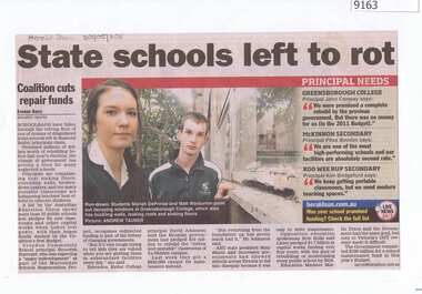 Article - Newspaper Clipping, Herald Sun newspaper, State schools left to rot - coalition cuts repair funds, 30/05/2011