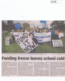 Article - Newspaper Clipping, Diamond Valley Leader, Funding freeze leaves school cold, May 2011