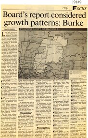 Article - Newspaper Clipping, Diamond Valley Leader, Board's report considered growth patterns: Burke. 1994, 1994