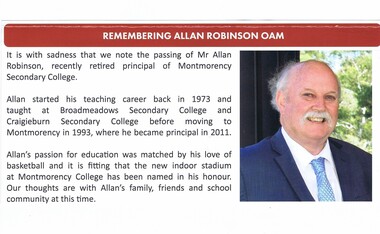 Article - Newsletter Clipping, Colin Brooks MP, Remembering Allan Robinson OAM, October 2024