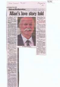 Article - Newspaper Clipping, The Local Paper, Allan's love story told, 30/10/2024