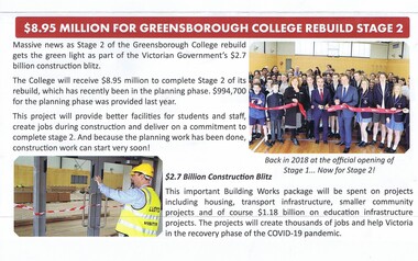 Newsletter - Newsletter Clipping, Colin Brooks, $8.95 Million for Greensborough College rebuild stage 2, June 2020