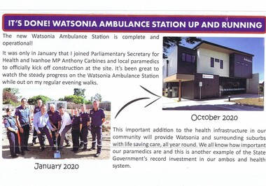 Article - Newsletter Clipping, Colin Brooks, It's done! Watsonia Ambulance Station up and running, November 2020