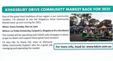 Article - Newsletter Clipping, Colin Brooks, Kingsbury Drive Community Market back for 2021, 2021