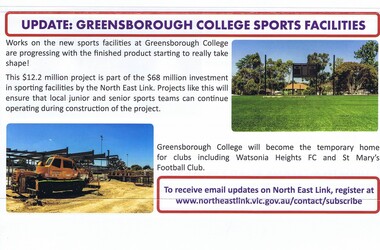 Article - Newsletter Clipping, Colin Brooks, Update: Greensborough College sports facilities, 2021