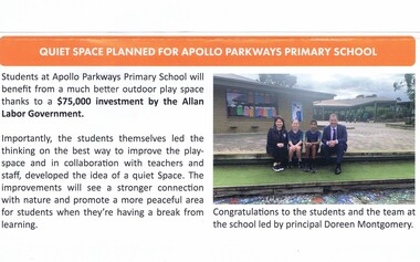 Article - Newsletter Clipping, Colin Brooks, Quiet space planned for Apollo Parkways Primary School, July 2024