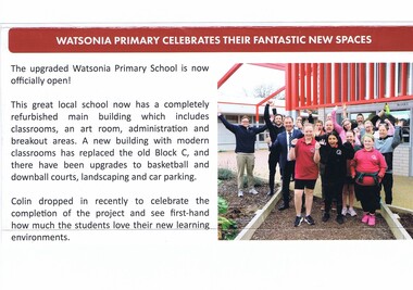 Article - Newsletter Clipping, Colin Brooks, Watsonia Primary celebrates their fantastic new spaces, September 2024