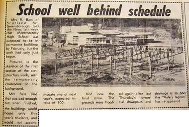 Newspaper - Newspaper Clipping - Digital Image, Diamond Valley News, School well behind schedule, and, Lake forms in school ground, 1970