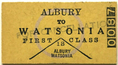 Ephemera - Ticket - Digital Image, Train ticket: Albury to Watsonia, First Class, no date, 1960s