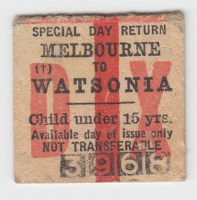 Ephemera - Ticket - Digital Image, Train ticket: Melbourne to Watsonia, special day return, no date, 1979