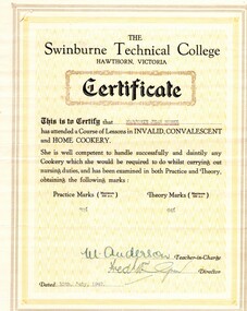 Document - Certificate, Swinburne Technical College, Swinburne Technical College: results for Miss M. J. Burke, 10/07/1942