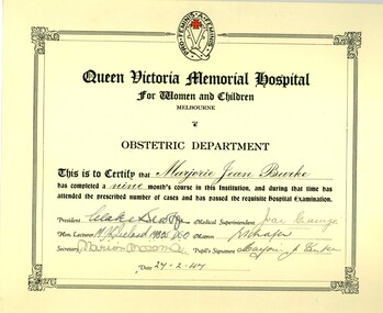 Document - Certificate, Queen Victoria Hospital, Obstetrics Certificate for Marjorie Jean Burke, 27/02/1947