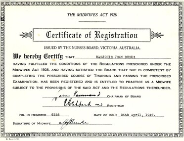 Document - Certificate, Nurses Board Melbourne, Midwives Certificate for Marjorie Jean Burke, 24/04/1947