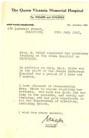 Document - Professional reference, Queen Victoria Hospital, Professional reference for Marjorie Jean Burke, 29/07/1947