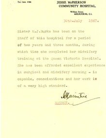 Document - Professional reference, Jessie Macpherson Community Hospital, Professional reference for Marjorie Jean Burke, 30/07/1947