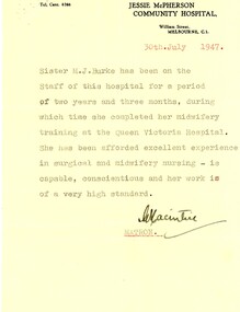 Document - Professional reference, Jessie Macpherson Community Hospital, Professional reference for Marjorie Jean Burke, 30/07/1947