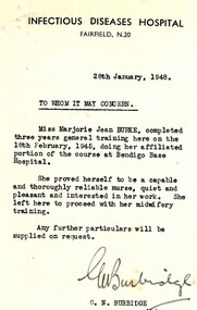 Document - Personal reference, Fairfield Infectious Diseases Hospital, Professional reference for Marjorie Jean Burke, 28/01/1948