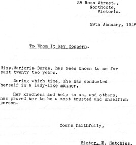 Document - Personal reference, V. E. Hutchins, Personal reference for Marjorie Jean Burke, 28/01/1948