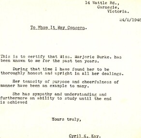 Document - Personal reference, Cyril K. Kay, Personal reference for Marjorie Jean Burke, 29/01/1948