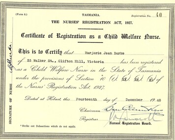 Document - Certificate, Nurses' Registration Board, Certificate of Registration as a Child Welfare Nurse for Marjorie Jean Burke, 14/12/1948