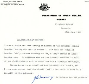 Document - Professional reference, Department of Public Health Hobart, Professional reference for Marjorie Jean Burke, 12/06/1950