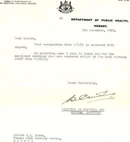 Document - Letter, Department of Public Health Hobart, Confirmation of resignation for Marjorie Jean Burke, 05/12/1950