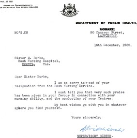 Document - Letter, Department of Public Health Hobart, Confirmation of resignation for Marjorie Jean Burke, 14/12/1950