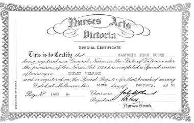 Document - Certificate, Nurses Board Melbourne, Special Certificate in Infant Welfare for Marjorie Jean Burke, 06/02/1951