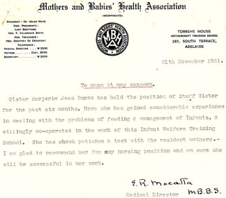 Document - Professional reference, Mothers and Babies Health Association, Adelaide, Professional reference for Marjorie Jean Burke, 21/11/1951