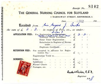 Document - Receipt, General Nursing Council for Scotland, Receipt for Registration Fees for Marjorie Jean Burke, 20/03/1952