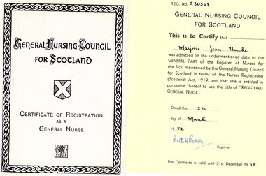 Document - Certificate, General Nursing Council for Scotland, Certificate of Registration as a General Nurse for Marjorie Jean Burke, 28/03/1952