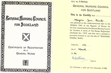 Document - Certificate, General Nursing Council for Scotland, Certificate of Registration as a General Nurse for Marjorie Jean Burke, 28/03/1952
