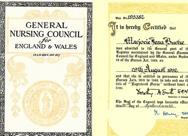 Document - Certificate, Central Midwives Board (England and Wales) et al, Certificate to practise as a registered nurse (England) for Marjorie Jean Burke, 29/08/1952