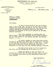 Document - Letter, Department of Health, Victoria, Letter of acceptance into a course for Marjorie Jean Burke, 16/03/1953