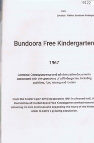 Book - Administrative Record, Bundoora Free Kindergarten, Bundoora Free Kindergarten: Kinder operations 1967, 1967