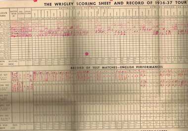 Memorabilia - Score sheet, Wrigley, The Wrigley Scoring Sheet and Record 1936-37 Tour, 1936
