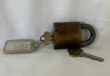 Functional object - Padlock and Keys, Lockwood, Shire of Diamond Valley padlock and key and master key, 1960s