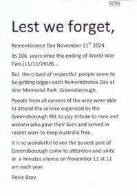 Pamphlet - Booklet and article, Rosie Bray, Greensborough RSL Sub-Branch, Remembrance Day Memorial Service 11/11/2024, 11/11/2024