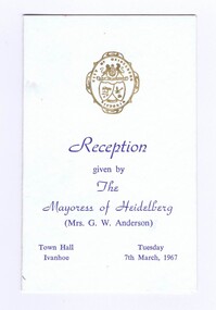 Card - Cards, City of Preston et al, 1. City of Heidelberg Mayoress Reception Program, and, 2. City of Preston Mayoress Reception Program, 1967