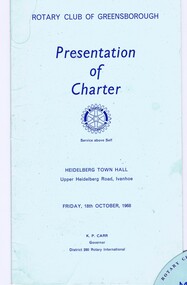 Memorabilia - Programme, Rotary Club of Greensborough, Rotary Club of Greensborough: Presentation of Charter, 1968